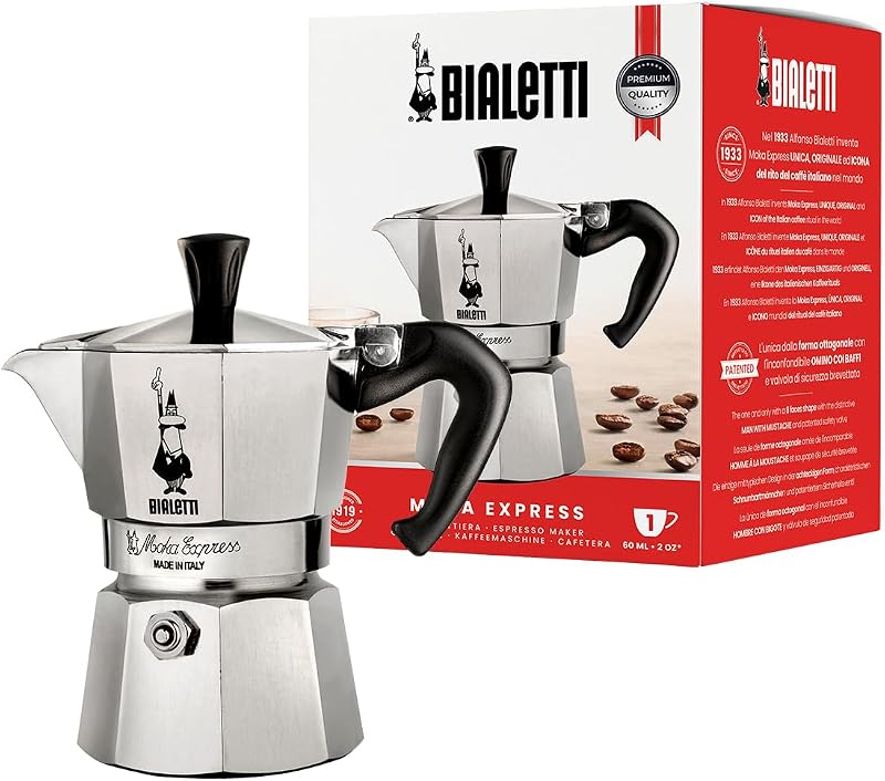 Bialetti Caffettiera Moka Express, Manico anti scottatura, Non adatta a induzione, 1 Tazze (60 