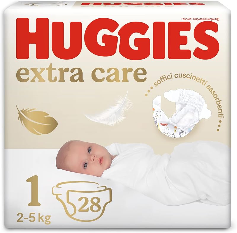 Huggies Extra Care Neonato, 28 Pannolini, Taglia 1 (2-5Kg) | Pannolini Taglia 1, Alta Assorbenz