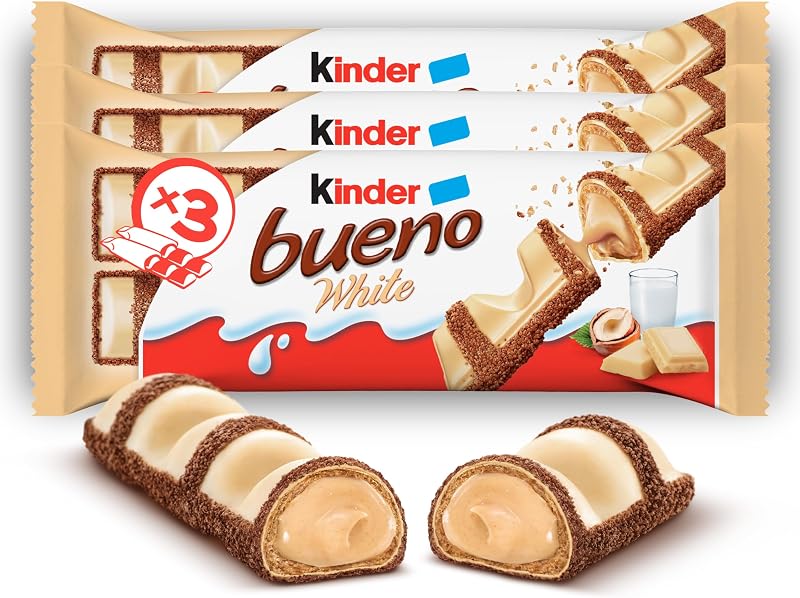 Kinder Bueno White - Snack al Cioccolato Bianco e Nocciola, un Wafer Ripieno di Crema alle Nocc
