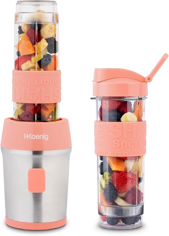H.Koenig Mini frullatore SMOO10 Smoothie Maker, 570mL, 300W, 4 lame in acciaio inox, senza BPA, 2 bottigl