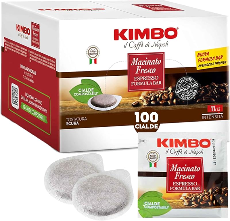 Kimbo 100 Cialde Caffè Compostabili ESE, Macinato Fresco | 1 Confezione da 100 Cialde, Intensit
