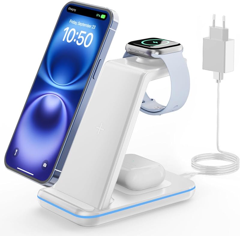 GEEKERA Stazione Ricarica per Apple, Caricatore Wireless per iPhone Air/17/16/15/14/13/12/11/X/8, Postazi