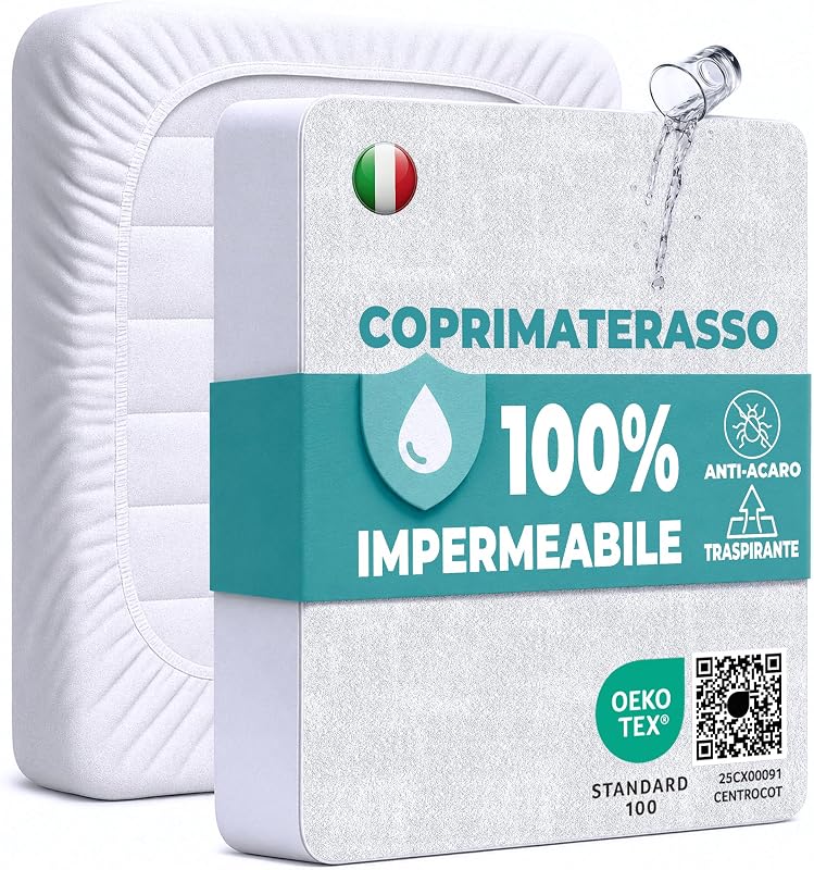 Coprimaterasso Matrimoniale Impermeabile 160x190 cm Lenzuolo con Angoli Bianco in Cotone e Micr