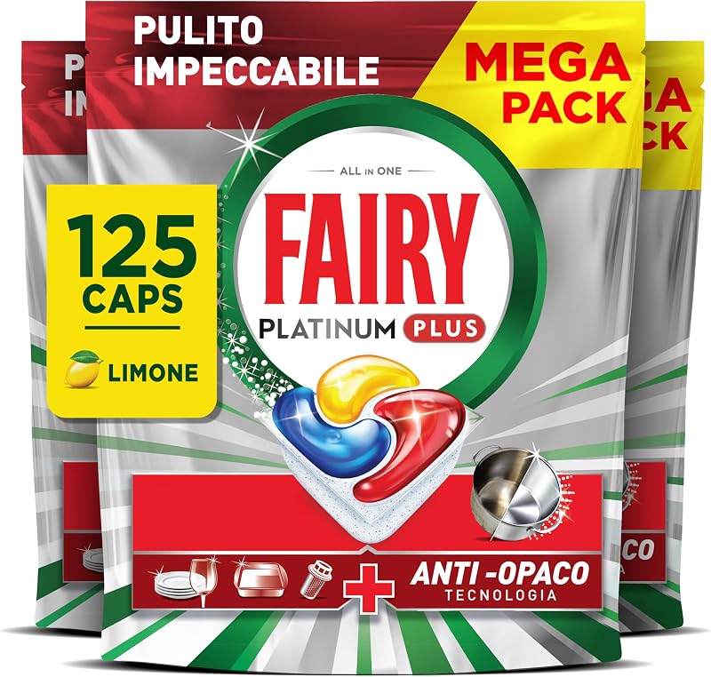 Fairy Platinum Plus Pastiglie Lavastoviglie Tutto in Uno, 125 Caps, Limone | Detersivo in Capsu