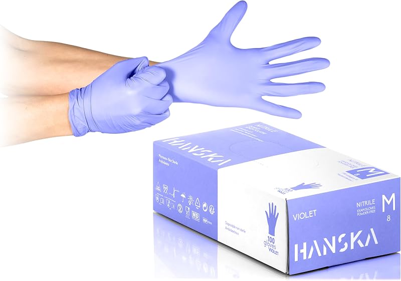 HANSKA 100 Guanti Monouso Nitrile Viola, M | Senza Polvere, Usa e Getta- Ambidestri, Non Steril