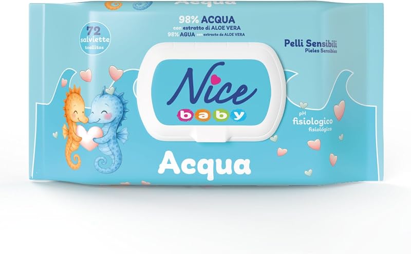 Nice Baby Acqua Salviette per Cambio Pannolino, con il 98% di Acqua ed Estratto di Aloe, Dermat