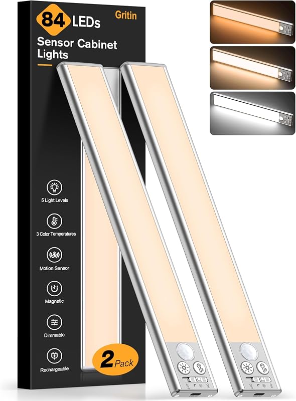 Gritin 26CM Luce LED Sottopensile Cucina Ricaricabile con Sensore | 3 Colori & 5 Luminosità, 4 
