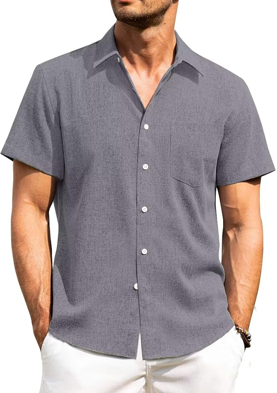 PrimeCrest Camicia Lino Uomo Manica Corta Estiva Casual con Taschino