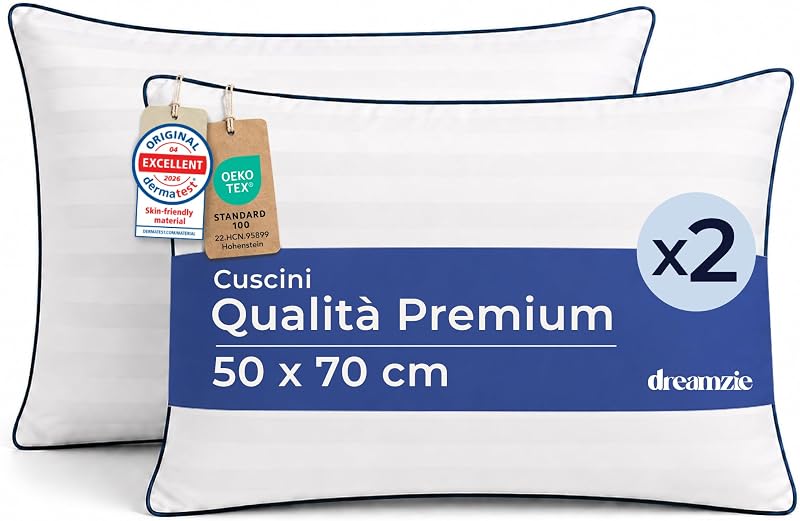 Dreamzie Set 2 Cuscini Letto 50x70 Bianco, Guanciale Morbido Qualità Hotel