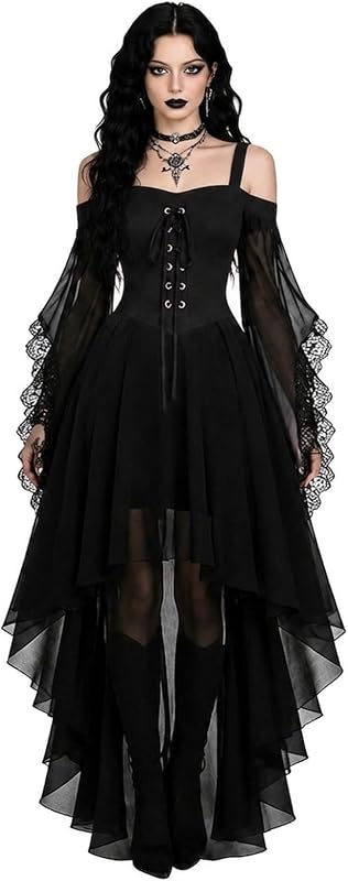 Generico Vestito Costume Halloween Donna Adulta, Abito Gotico Nero Strega Vampira Vestito Medie