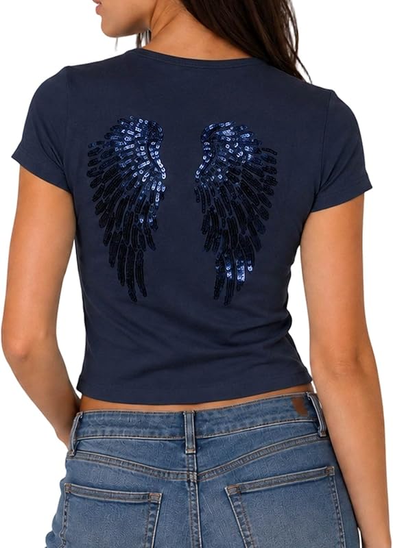Angel Wings Maglietta Aderente Donna Crop Paillettes Tshirt Maniche Corte